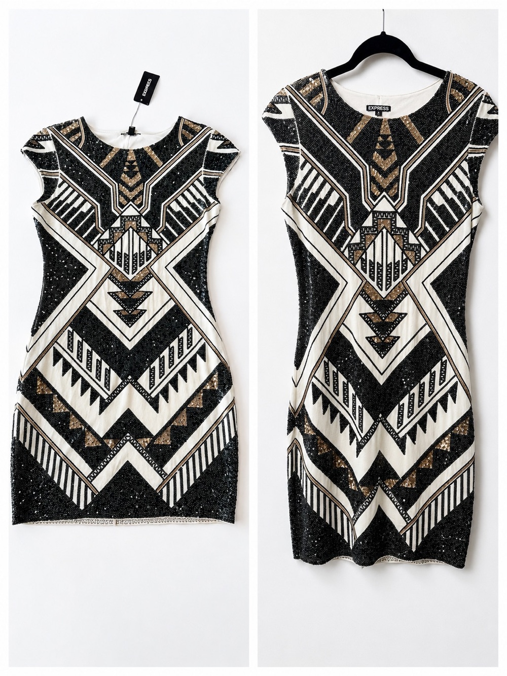 Express Sequin Embellished Geometric Mini Dress Black Gold Ivory
